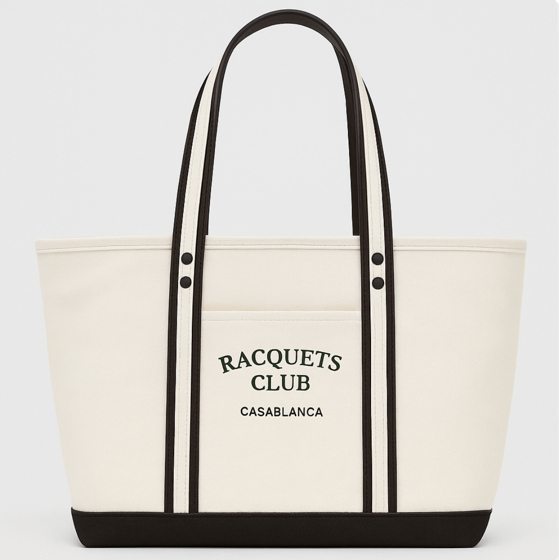Casablanca Racquets Club premium canvas tote bag with embroidered logo on a racquet sports court.